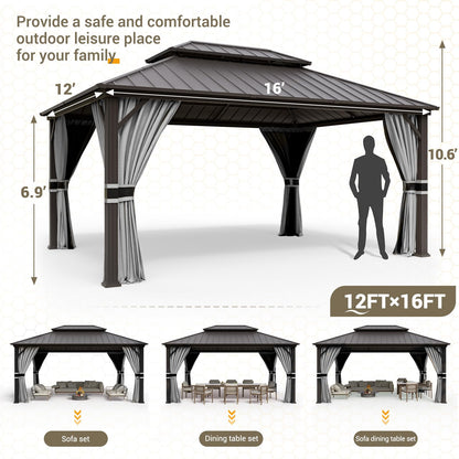 UDPATIO 12' x 16' Hardtop Gazebo, Galvanized Steel Double Roof Permanent Aluminum Gazebo, Outdoor Metal Pergolas with Mosquito Netting and Curtains for Garden, Parties, Patio, Deck, Lawns, Gr - WoodArtSupply