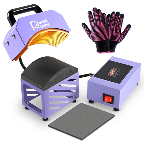PlanetFlame Hat Press, Mini Hat Press Heat Machine for Caps Hats with 5.4" * 3.1" Curved Teflon Coated Heat Plate & Safety Base for Heat Transfer Vinyl, Sublimation and DIY Projects, Purple PlanetFlame