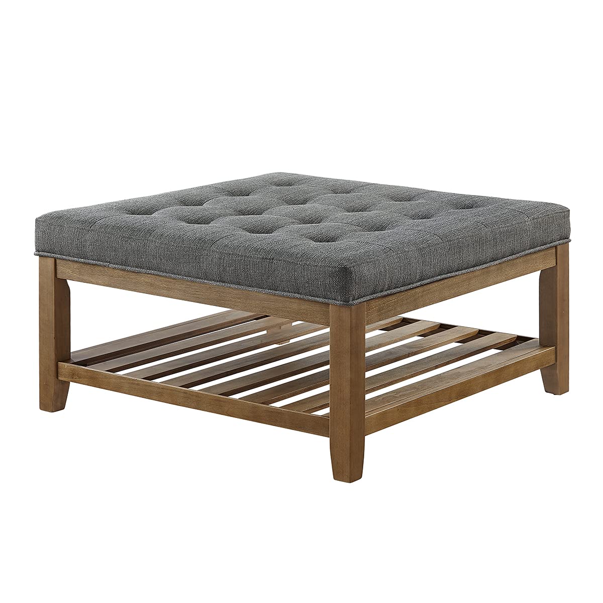24KF Large Square Upholstered Tufted Linen Ottoman Coffee Table, Large Footrest Ottoman with Solid Wood Shelf-Granite 24KF
