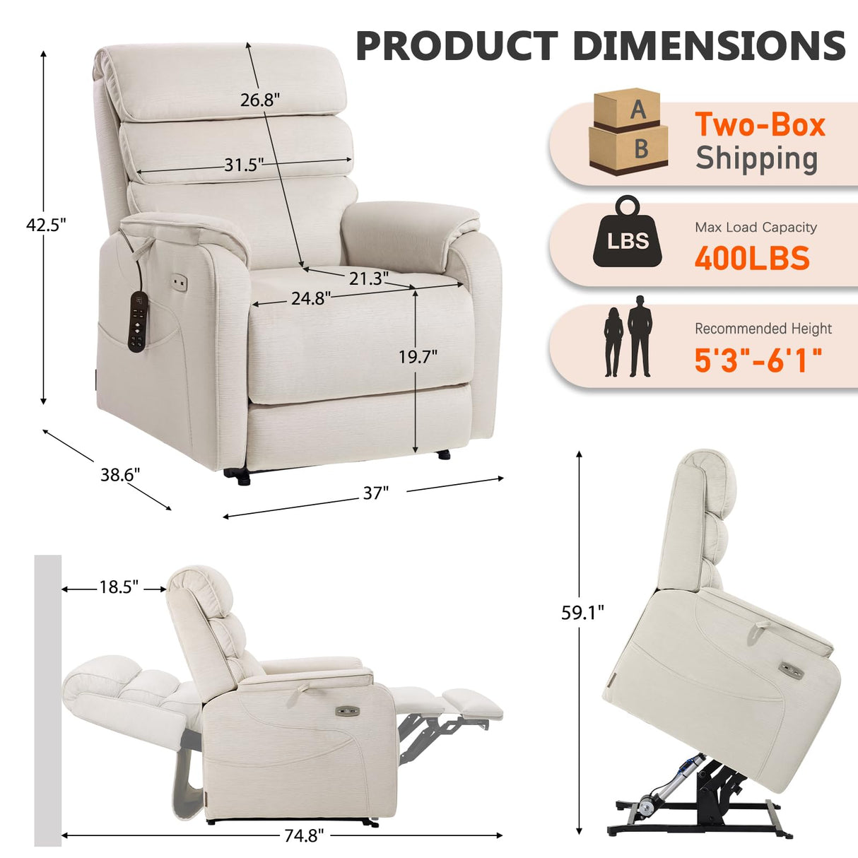EONIX Wide Lay Flat Power Lift Recliner Chair for Elderly, Heavy Duty Oversized Fabric Lift Chairs Recliner Sofa with Heat and Massage and Charging Ports, Chenille White EONIX
