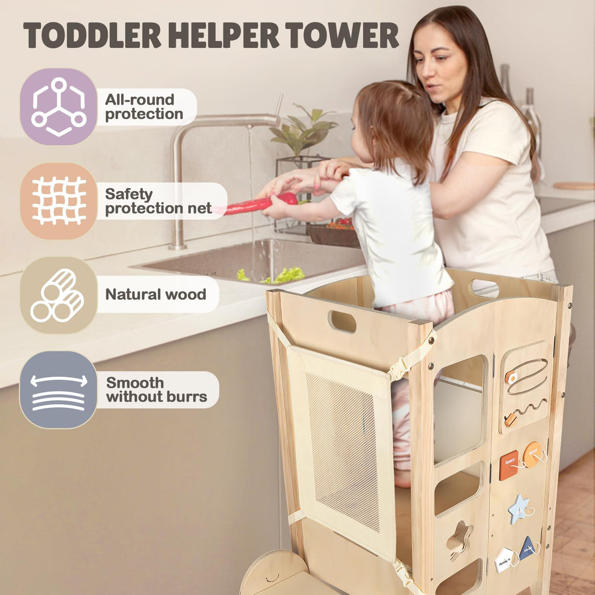Joyreal Foldable Toddler Tower, Toddler Kitchen Stool Helper with 2 Step Stool, Wooden Standing Tower with 6 Montessori Activity Games, Safety Net & Adjustable Height Joyreal