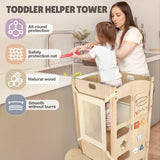 Joyreal Foldable Toddler Tower, Toddler Kitchen Stool Helper with 2 Step Stool, Wooden Standing Tower with 6 Montessori Activity Games, Safety Net & Adjustable Height Joyreal