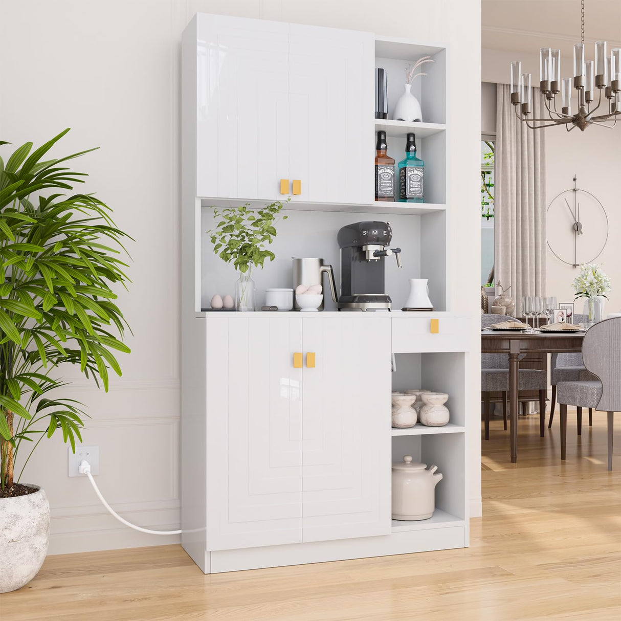 Buenhomino White Kitchen Pantry Cabinet, 71" Hutch Cabinet with Countertop & Power Outlet & Adjustable Shelves, High Gloss Wood Buffet Cabinet with Microwave Stand for Living Room, Dinning Room Buenhomino