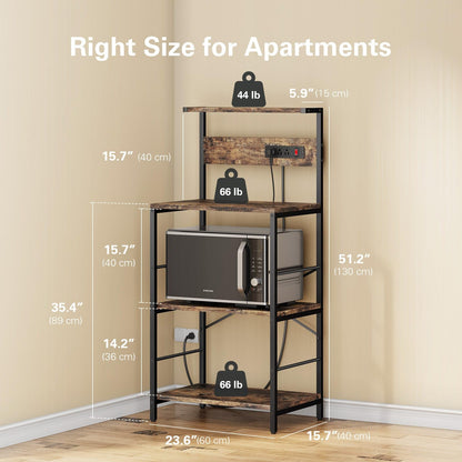 Anycoo Bakers Rack with 3 Power Outlets, 4-Tier Microwave Stand with Storage, Freestanding Kitchen Shelf Stand 23.6”L x 15.7”W x 51.2”L, Rustic Brown Coffee Bar Table