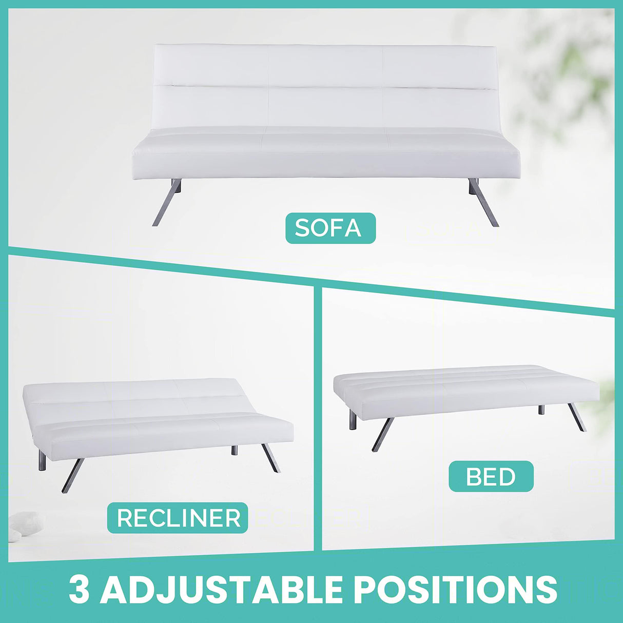 Naomi Home Zoe Futon Sofa Bed, Faux Leather Futon Couch, Modern Convertible Folding Sofa Bed Couch with Chrome Legs, Reclining Mini Couch, Leather Futon Small Couch for Bedroom Living Room White Naomi Home