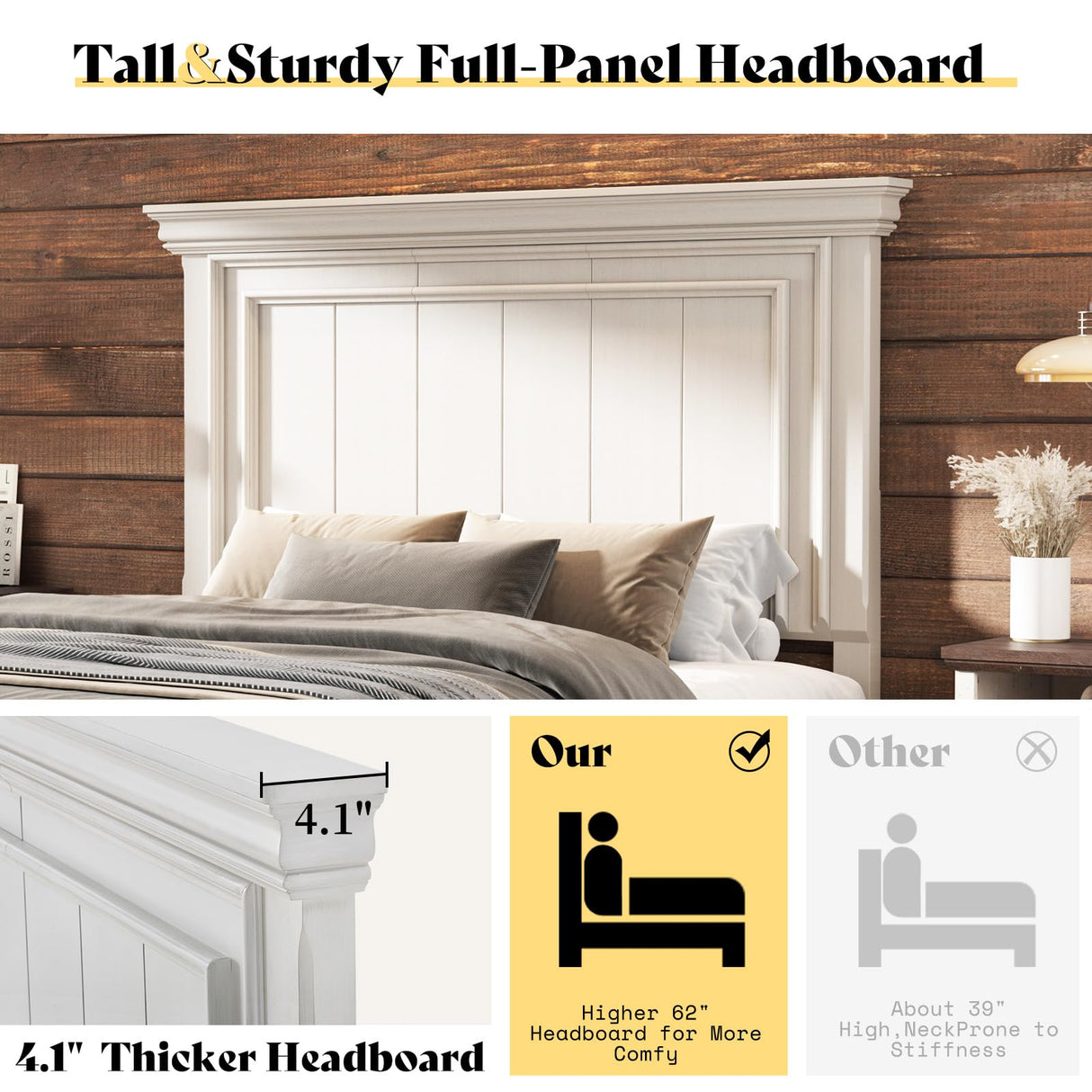 AMERLIFE Queen Size Solid Wood Platform Bed Frame, 62" Tall Farmhouse Headboard, Distressed White Finish, Noise-Reduction Design, Easy Assembly, No Box Spring Needed AMERLIFE