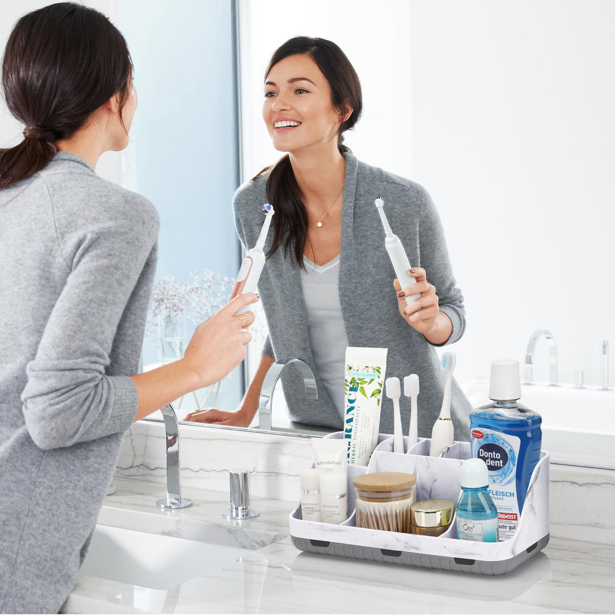 GFWARE Marble Bathroom Countertop Organizer - Detachable 7 Slots Kids Electric Toothbrush and Toothpaste Holde Drainage for Bathroom Accessories Organization Counter Vanity Storage, Grey GFWARE