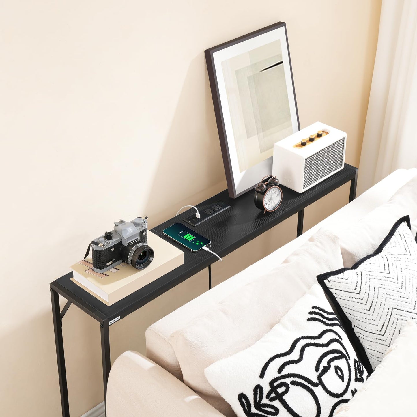 MAHANCRIS Console Table, Narrow Sofa Table, 43.3” Entrance Table with Power Station, Behind Couch Table, Simple Style, for Living Room, Hallway, Entryway, Foyer, Black CTHB112E01