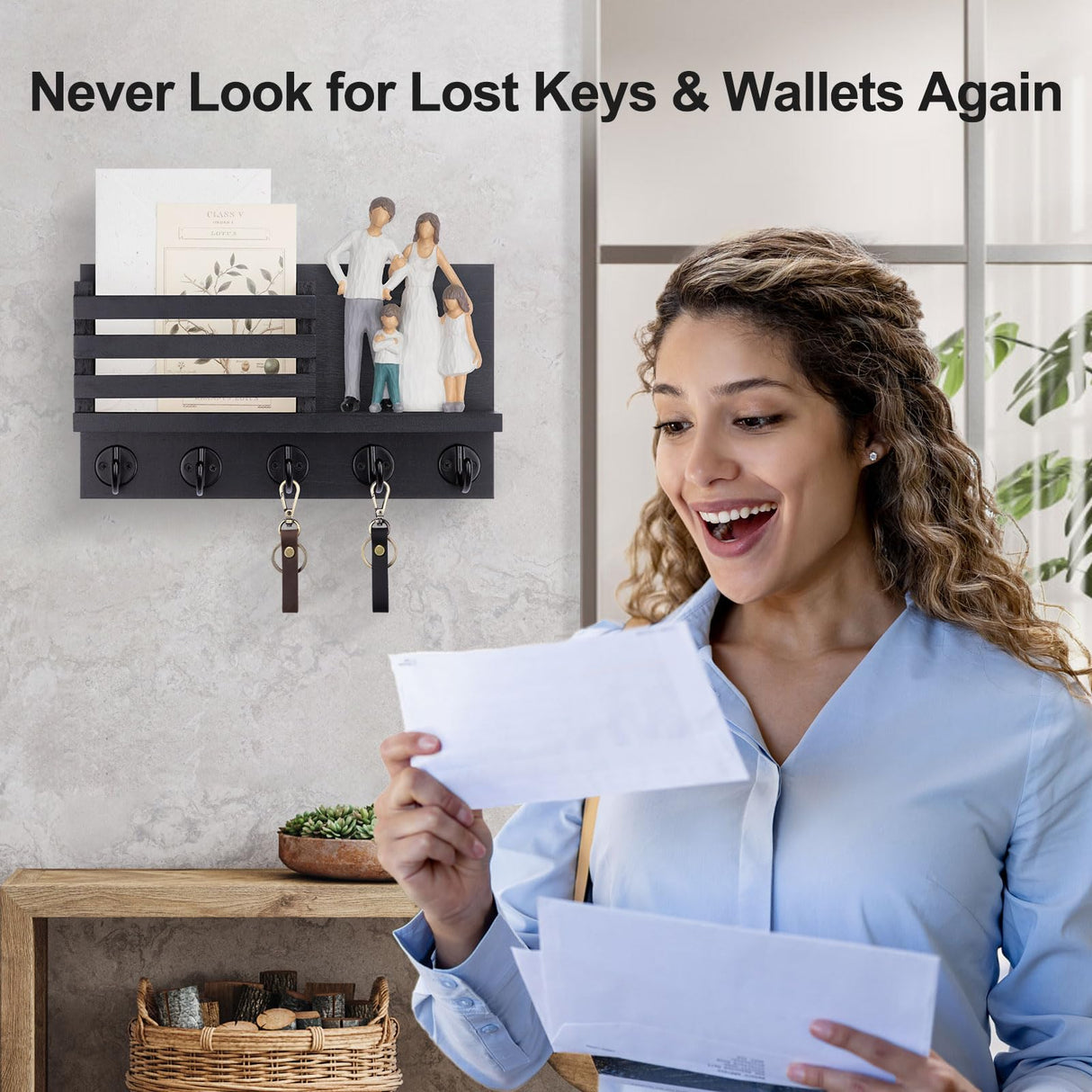 Lwenki Key Holder for Wall – Decorative Wooden Mail Holder and Key Shelf with Mounting Hardware, Installation Guide – Paulownia Wood with 5 Metal Key Hooks (11.8” x 6.7” x 2.8”) Lwenki