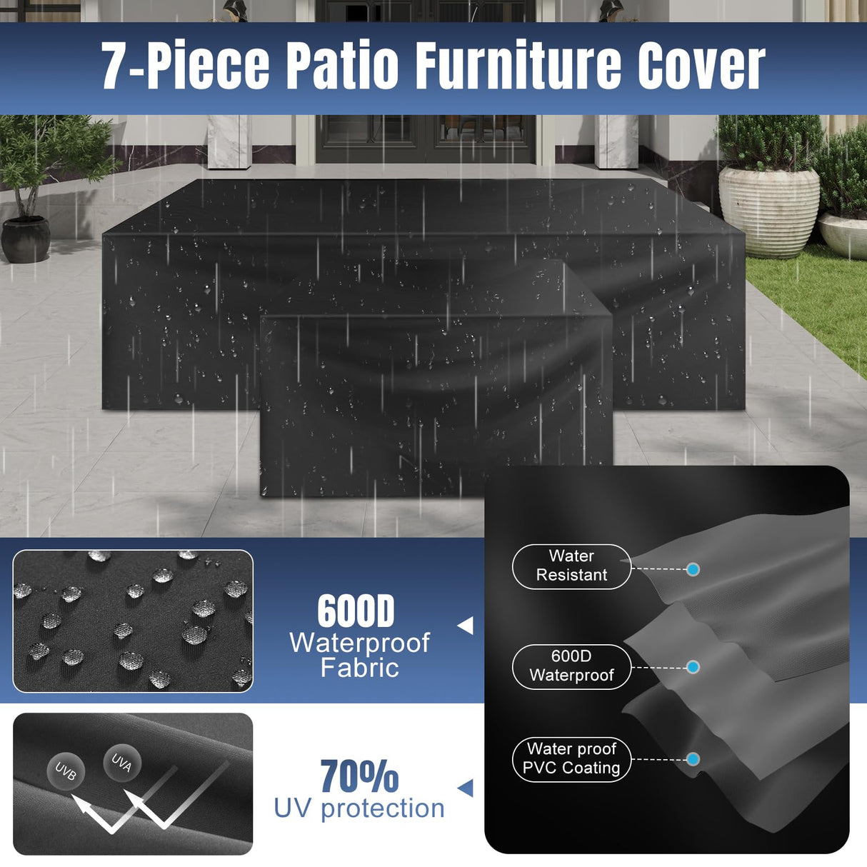 Aoxun 7 Pieces Patio Furniture Set with 44” Fire Pit Table Wicker Rattan Outdoor Sectional Conversation Set with Coffee Table and 4” Thickened Cushions, Blue(Waterproof Cover Included) Aoxun