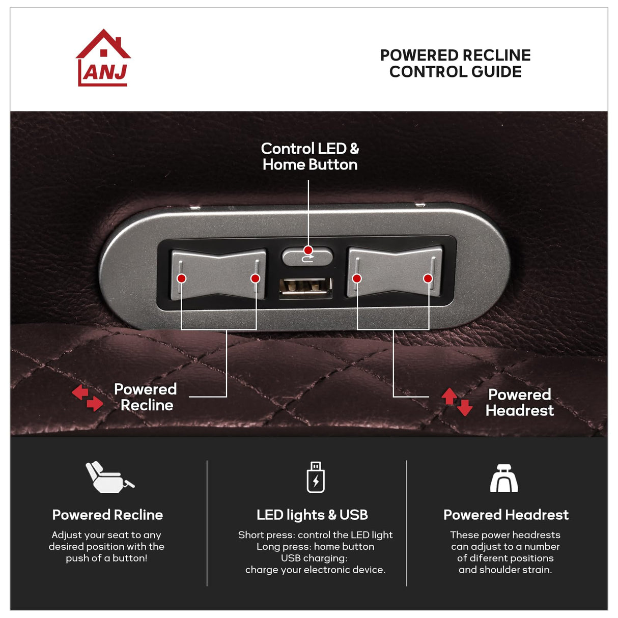 ANJ Power Home Theater Seating Recliner Chairs, PU Leather Recliner with Cup Holder, Electric Movie Theater Reclining Chairs with Adjustable Powered Headrest, LED Lights, Hidden Arm Storage (Brown) ANJ