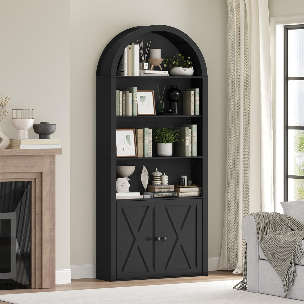 MAHANCRIS 6-Tier Bookshelf, 74.6'' Farmhouse Arched Bookcase with Cabinet, Freestanding Engineered Wood Display Bookshelf, with Adjustable Shelves, for Living Room, Study, Kitchen, Black BKBK2601 MAHANCRIS