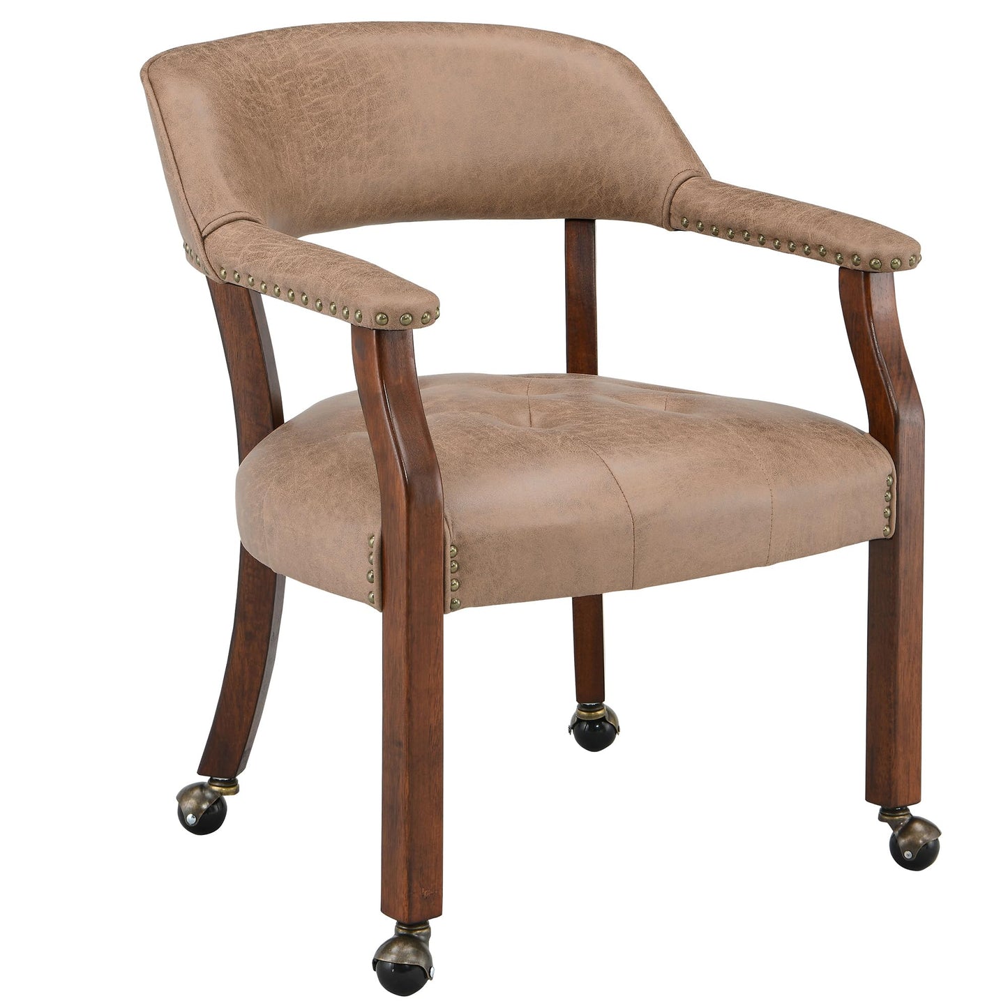 LEEMTORIG Dining Chairs with Casters and Arms, Rolling Dining Chairs with Wheels, Solid Wood Office Desk Chairs, 26“Dx25.2 Wx31.5“H, Cherry Legs & Yellowish Brown Fabric SY-1533-LT - WoodArtSupply