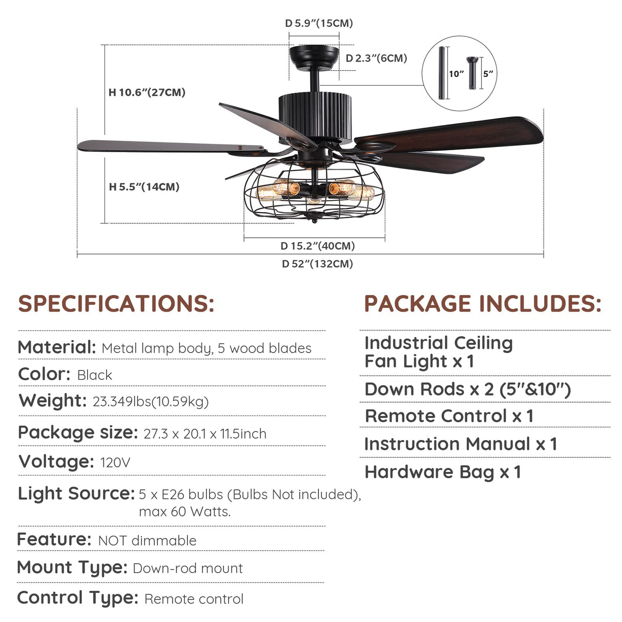 APBEAMLighting Industrial Caged Ceiling Fan Light with Remote Control 52 Inch Vintage Ceiling Fan Light Farmhouse Black Retro Indoor Fandelier with 5 Reversible Wood Blades for Living Room Bedroom APBEAMLighting