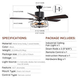 APBEAMLighting Industrial Caged Ceiling Fan Light with Remote Control 52 Inch Vintage Ceiling Fan Light Farmhouse Black Retro Indoor Fandelier with 5 Reversible Wood Blades for Living Room Bedroom APBEAMLighting