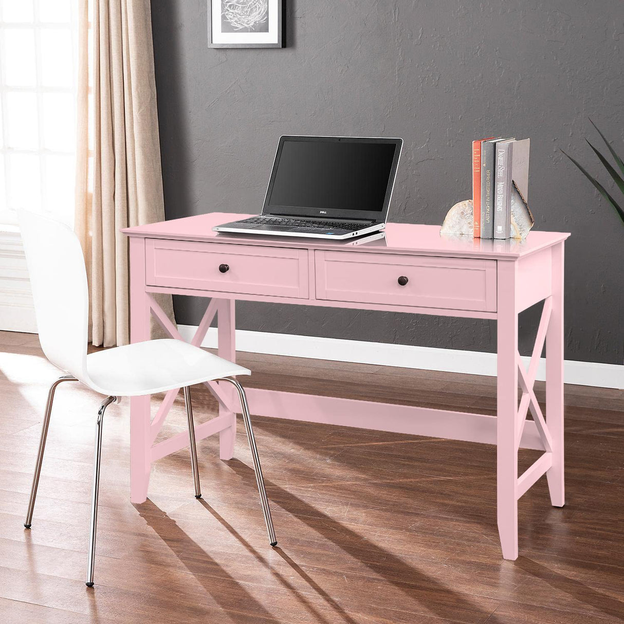 Lewahom Writing Computer Desk with Drawers, Cute Modern Table for Bedrooms, Pink Vanity Table Office Desk with Drawers, Home Computer Desk for Girls Living Room Entryway, Pink Lewahom