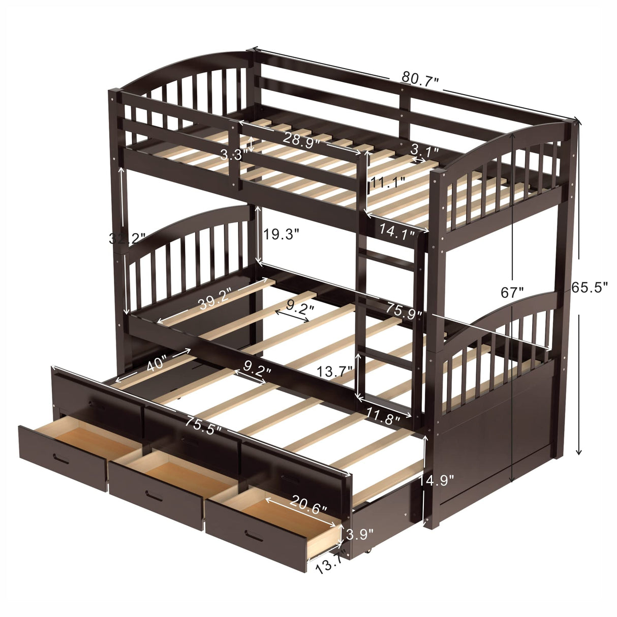 Harper & Bright Designs Twin Over Twin Bunk Bed with Trundle and Storage, Solid Wood Bunk Bed Frame with 3 Drawers for Kids, Teens, Adults (Espresso) Harper & Bright Designs