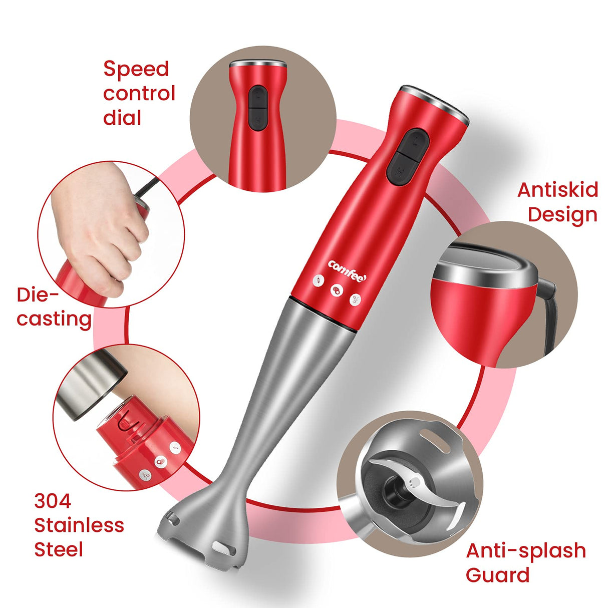 COMFEE' Immersion Hand Blender, Brushed Stainless Steel, 2-Speed, Multipurpose Stick Blender with 200 Watts, 600ml Mixing Beaker and Whisk, Perfect for Baby Food, Smoothies, Sauces and Soups, Red COMFEE'