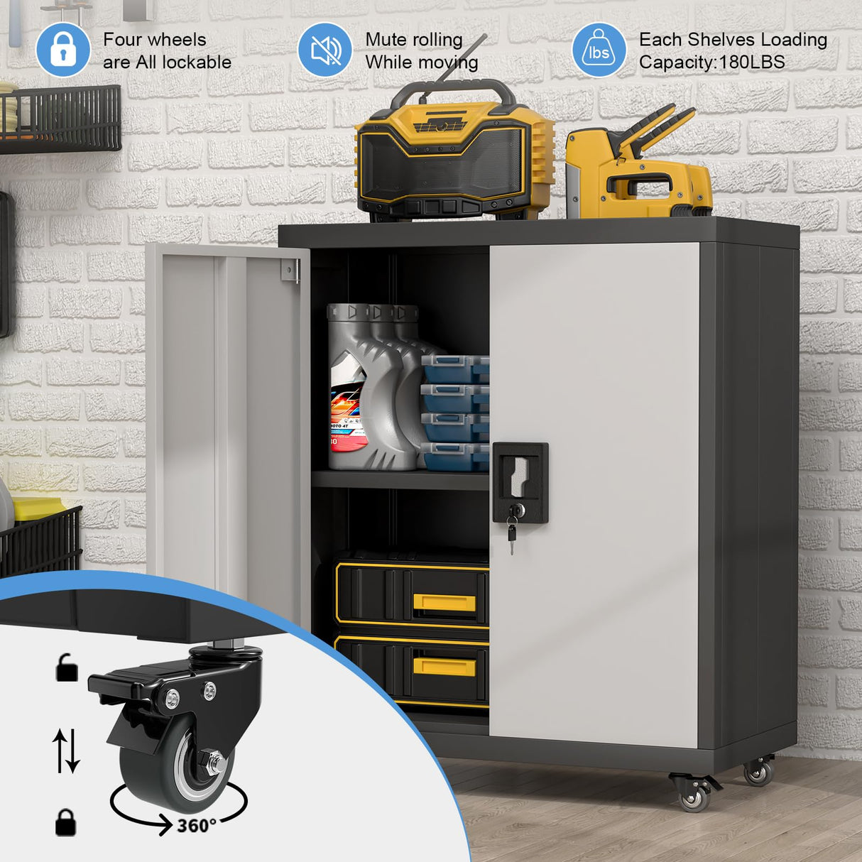 FATIGOS 31.5''H Metal Storage Cabinet with Wheels, Garage Storage Cabinet with Lock, Lockable Steel Rolling Tool Chest with Doors & Adjustable Shelves for Garage, Home, Office, Assembly Required FATIGOS