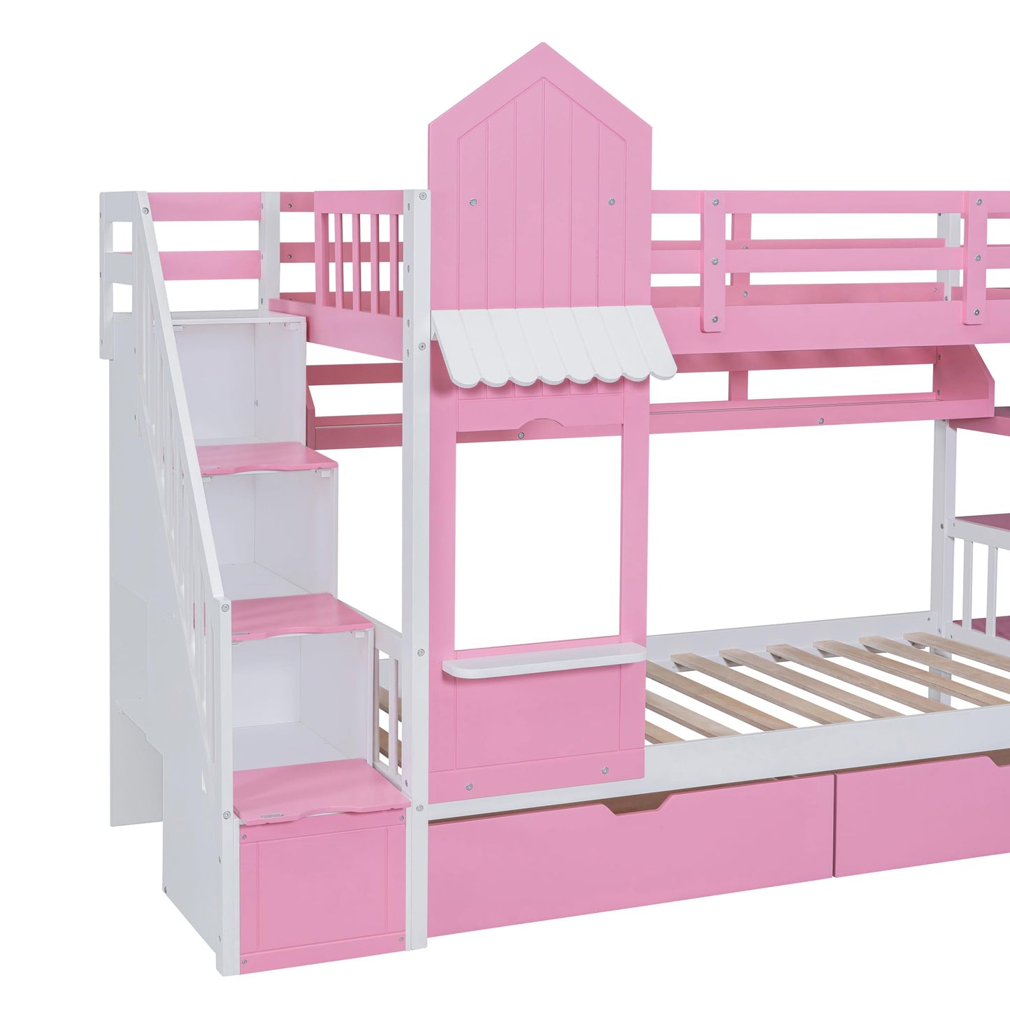 NCKMYB Bunk Bed with Slide Twin Size Castle Bunk Bed with Storage Shelves and Staicase, Tree House Bunk Bed for Boy Girl, Pink