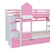 Harper & Bright Designs Twin Over Twin Bunk Bed with Stairs & Slide, Castle Style Bunk Beds with Storage Drawers and Shelves, Wooden Bunk Bed Frame for Kids, Teens, Boys & Girls (Pink) Harper & Bright Designs