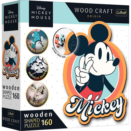 Trefl Disney 160 Piece Jigsaw Puzzle Retro Mickey Mouse Wood Craft Irregular Shapes, 10 Puzzles of Disney Symbols, Modern Premium Puzzle, for Adults and Children from 9 Years Old Trefl