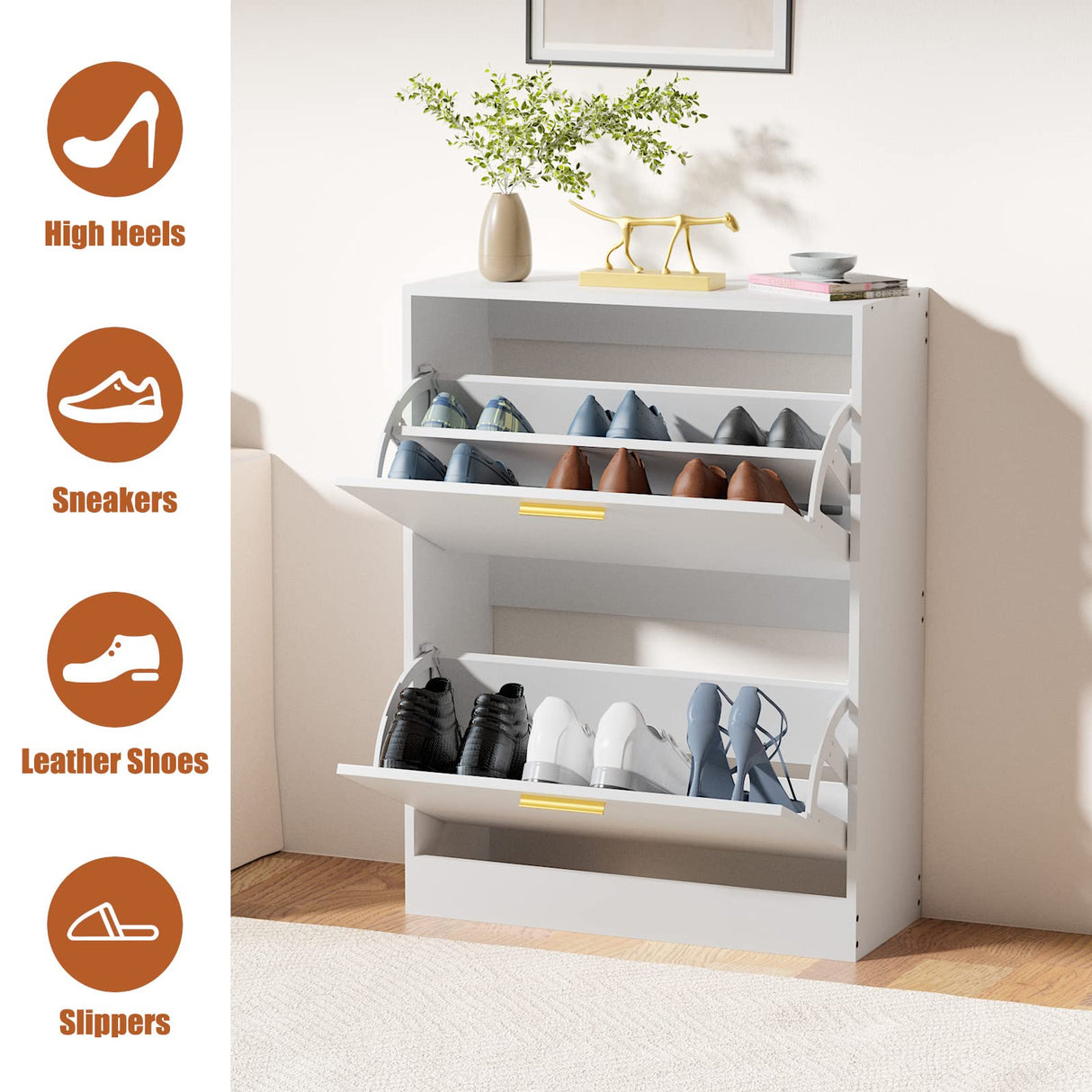 JOZZBY Shoe Cabinet Storage for Entryway, Slim White Hidden Shoe Organizer Cabinet with 2 Flip Drawers, Wooden Narrow Shoe Rack with 2 Tier Freestanding for Hallway, Living Room JOZZBY