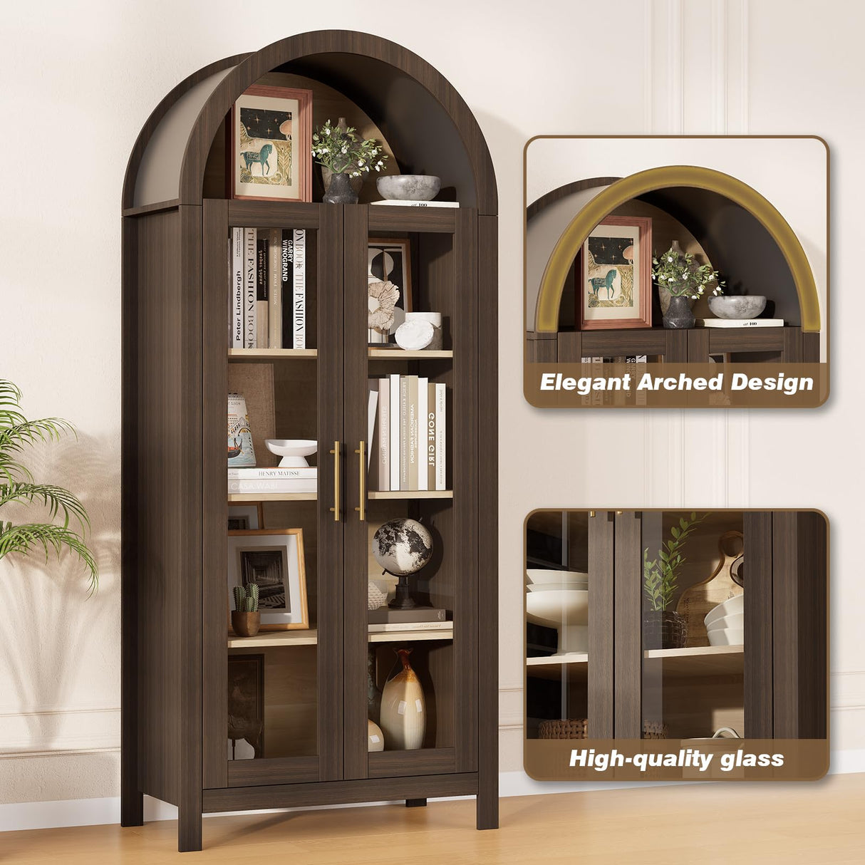 Skyrain 73'' Tall Arched Cabinet, Wood Kitchen Pantry Cabinets with Glass Doors, 5-Tier Storage Hutch with Adjustable Shelves & Metal Handles, Modern Bookcase for Dinning Room, Living Room, Brown Skyrain