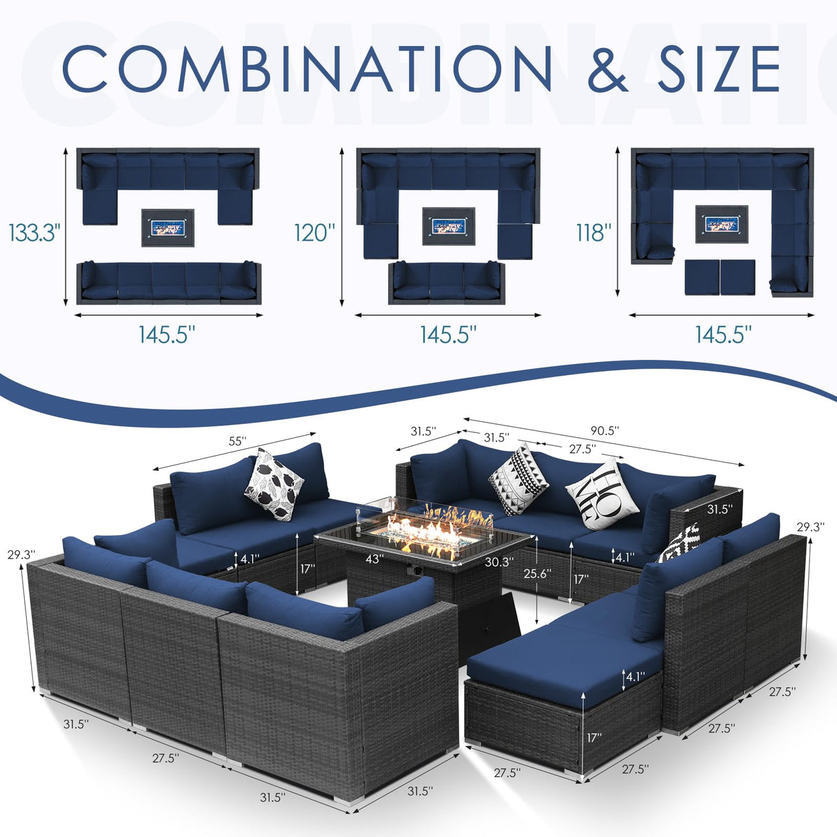 NICESOUL® 13 Pcs Luxury Large Patio Furniture Set with Natural Gas/Propane Fire Pit Table, 29.3" High Back Outdoor Conversation Set, Deep Seating PE Wicker Sectional Sofa Navy NICESOUL