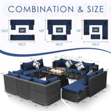 NICESOUL® 13 Pcs Luxury Large Patio Furniture Set with Natural Gas/Propane Fire Pit Table, 29.3" High Back Outdoor Conversation Set, Deep Seating PE Wicker Sectional Sofa Navy NICESOUL