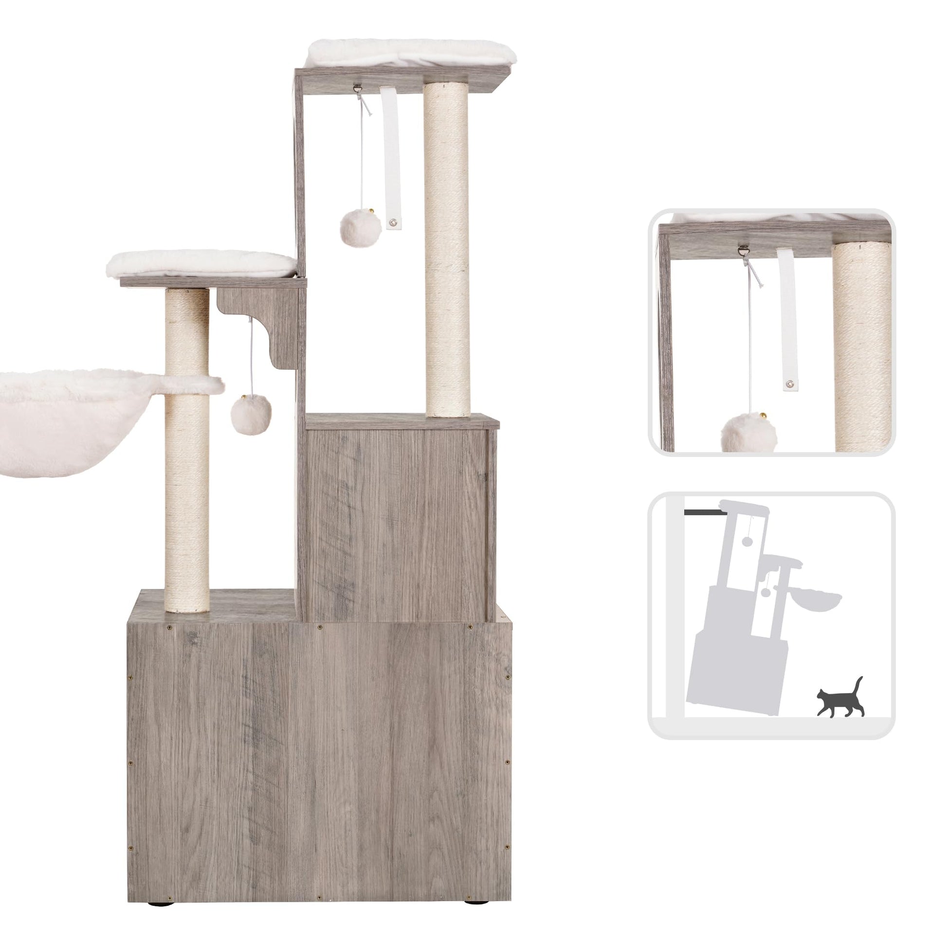 Heybly Cat tree, Wood Litter Box Enclosure with Food Station, All-in-one Indoor Cat Furniture with Large Platform and Condo, Modern Style Cat Tower, Hammock, Rustic Brown HCT103SG - WoodArtSupply