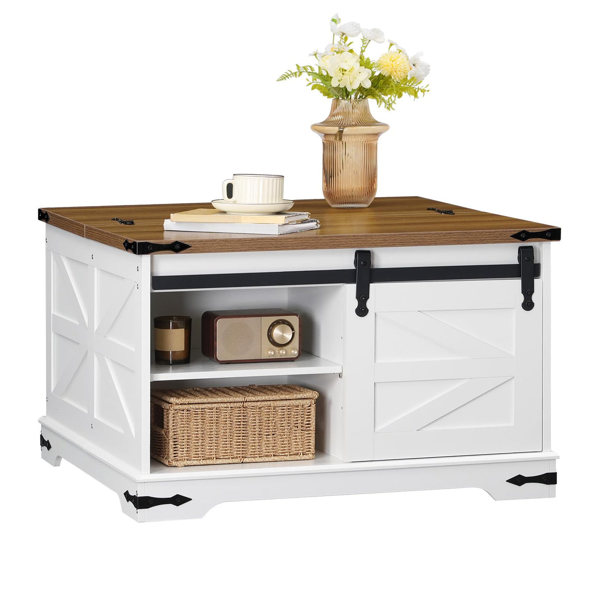 HOOBRO Farmhouse Coffee Table, Large Square Coffee Table for Living Room, Lift Top Coffee Table Square, Wooden White Coffee Table with Barn Door, Hidden Space, White and Walnut WH80KF01 HOOBRO
