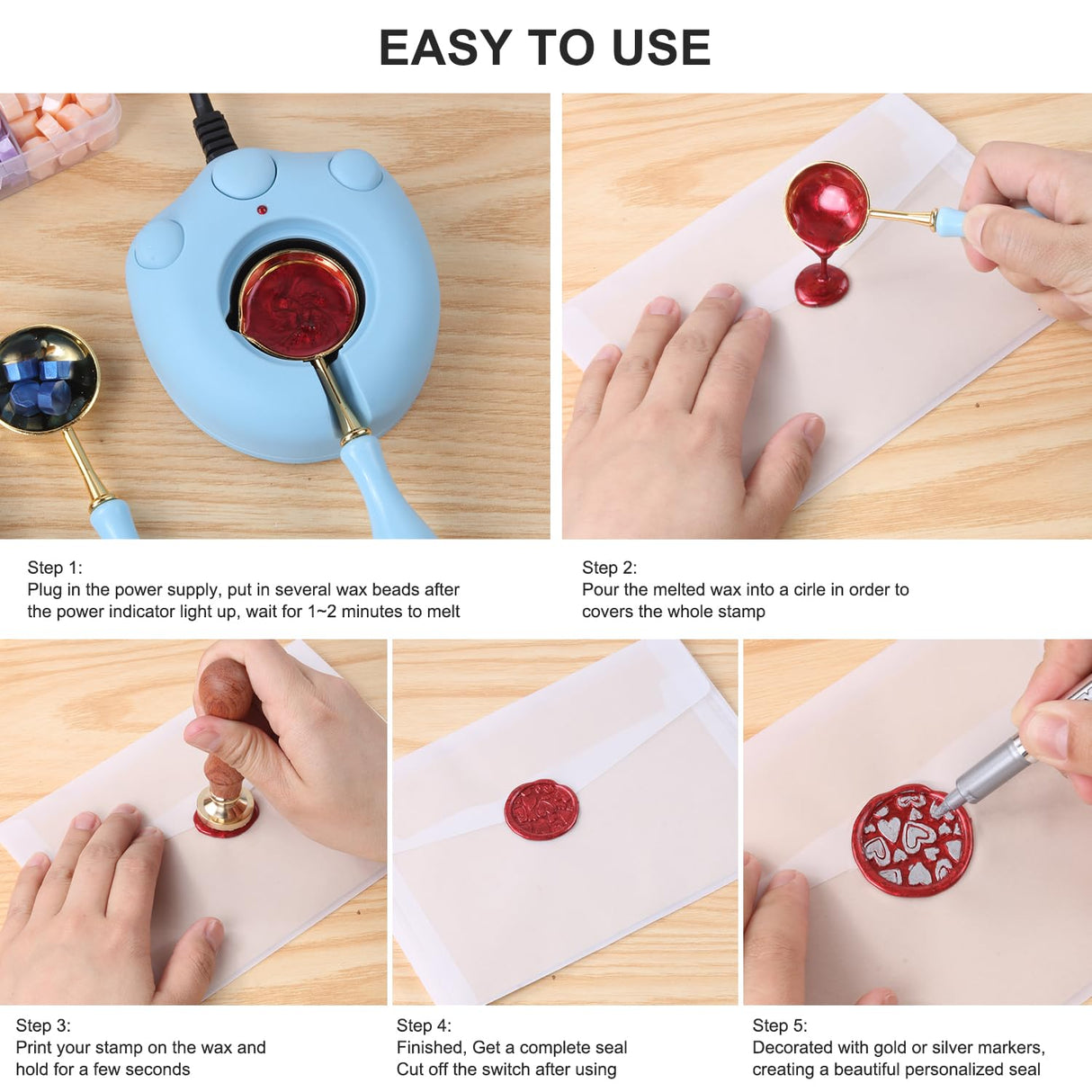 WASOHLING Wax Seal Kit - 24 Color Wax Beads (600pcs), Love Heart Stamps, Electric Warmer, Metallic Pen, Envelopes Sealing Kit for Wedding Invitations WASOHLING