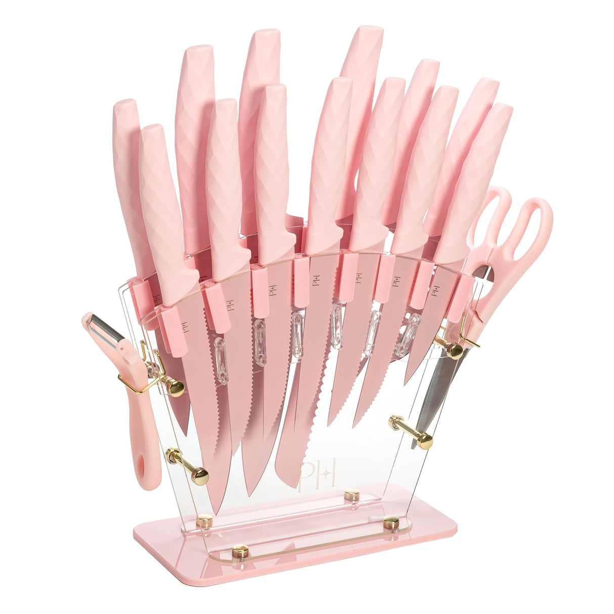 Paris Hilton Knife Block Set with Fan Style Clear Acrylic Knife Block, Premium Stainless Steel Blades with Nonstick Coating, Comfort Grip Handles, 16-Piece Set, Pink and Gold Paris Hilton