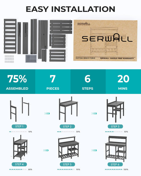 SERWALL Potting Bench Outdoor Potting Table with Sink, HDPE Potting Benches for Outside Gardening Table All Weather Use- Gray SERWALL