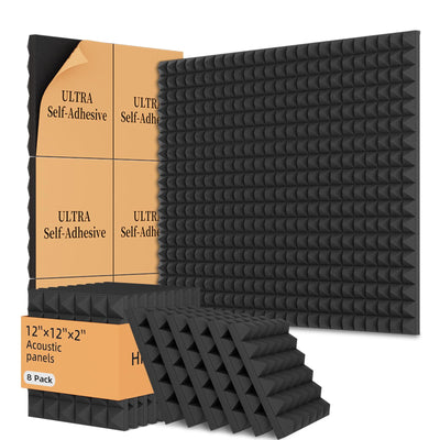 8 Pack Acoustic Foam Panels,12x12x2 inches Sound Proof Foam Panels for Walls, Fast Expand Pyramid Designed High Density Sound Panels Noise Reducing with Self-Adhesive(Black)