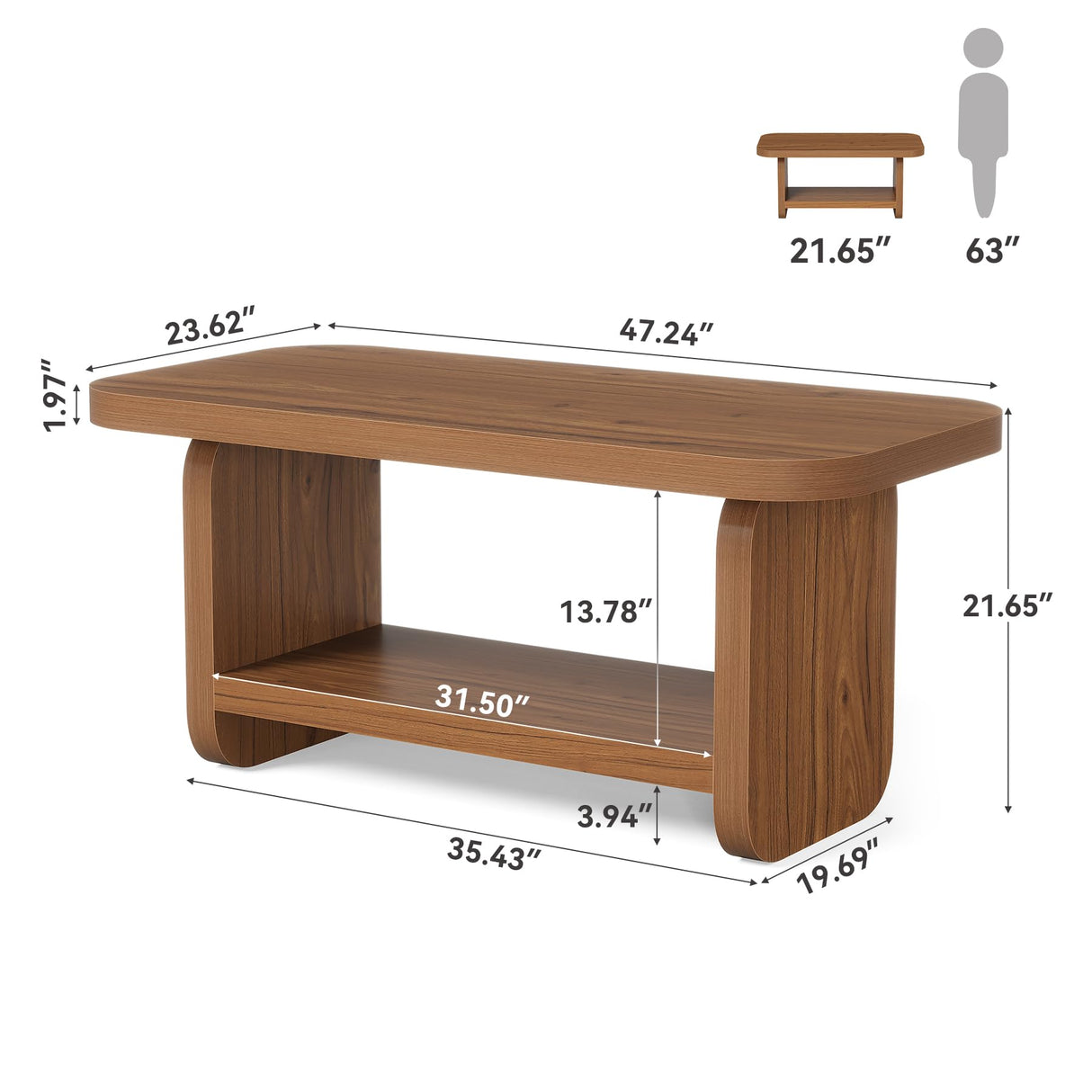 LITTLE TREE 47.2" Coffee Table, 2-Tier Coffee Table with Storage, Safe Rounded Corners, Square Modern Farmhouse Table for Living Room, Bedroom, Kids Room, 47.24" W x 23.62" D, Brown LITTLE TREE