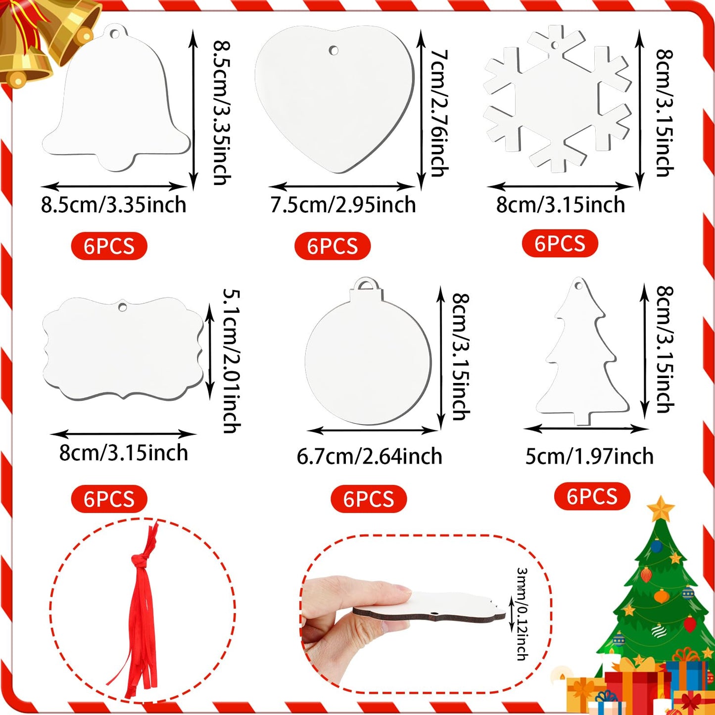 Suzile 36 Pieces Christmas Sublimation Ornament Blanks MDF Sublimation Ornaments Double Sided Personalized Pendants Christmas DIY Hanging Ornament with Red Ribbon for Christmas Wedding Home Decor