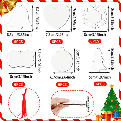 Suzile 36 Pieces Christmas Sublimation Ornament Blanks MDF Sublimation Ornaments Double Sided Personalized Pendants Christmas DIY Hanging Ornament with Red Ribbon for Christmas Wedding Home Decor