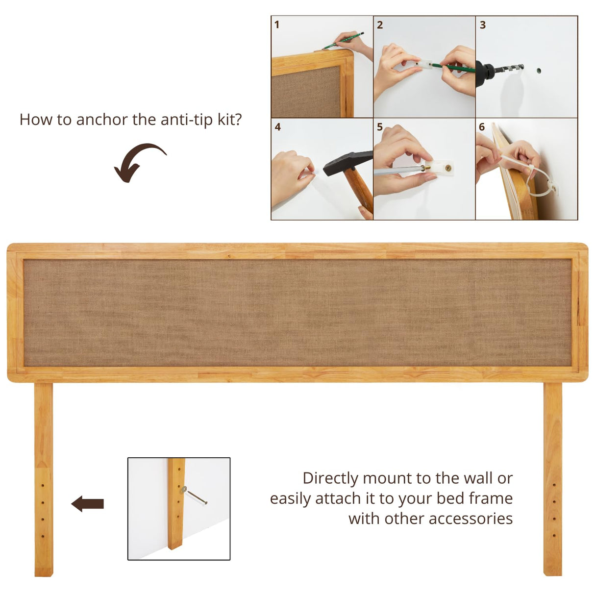 Nipe Boho King Headboard - Solid Wood with Burlap Pattern, Easy Wall or Bed Frame Assembly Bme