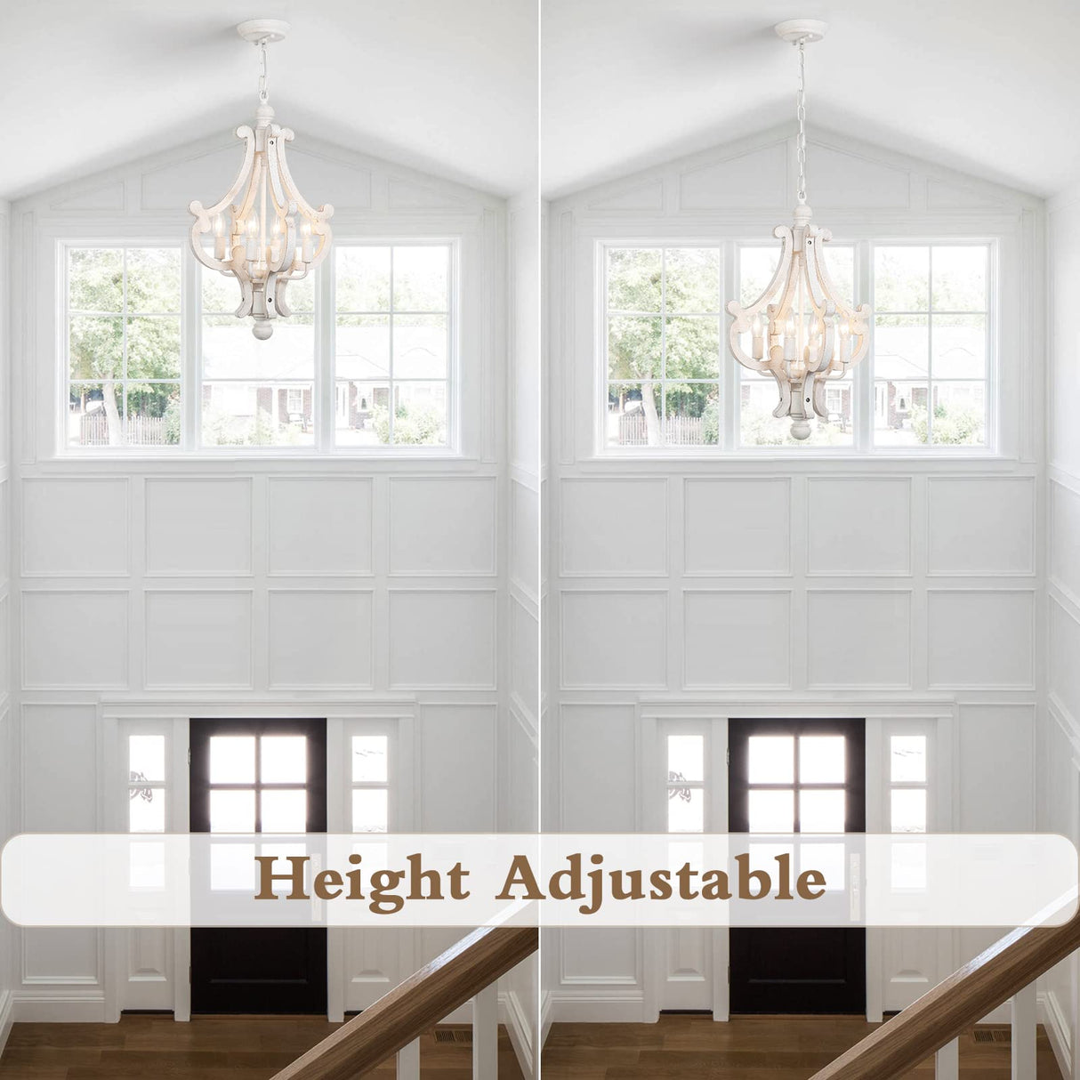 ALISADABOY Farmhouse Rustic Wood Light Fixture Distressed White Dining Room Pendant Chandelier French Country 4 Light Candle Hanging Lamp for Kitchen Island Living Room Bedroom Entryway Foyer ALISADABOY