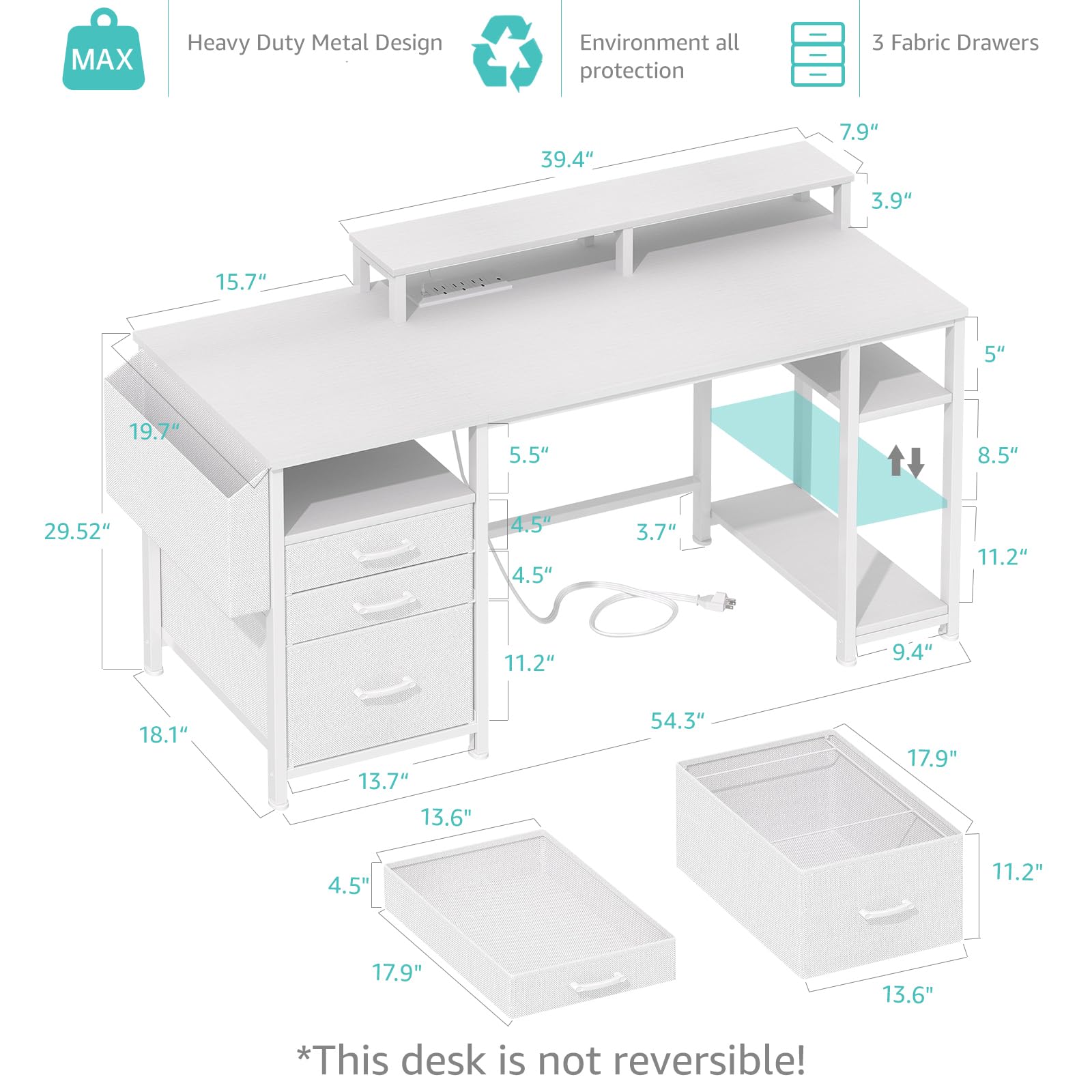 Lufeiya White Computer Desk with File Drawers Cabinet, 55 Inch Home Office Desk with Monitor Stand Shelves, Writing Study Gaming Desks with Led Light Power Outlets for Bedroom, White - WoodArtSupply