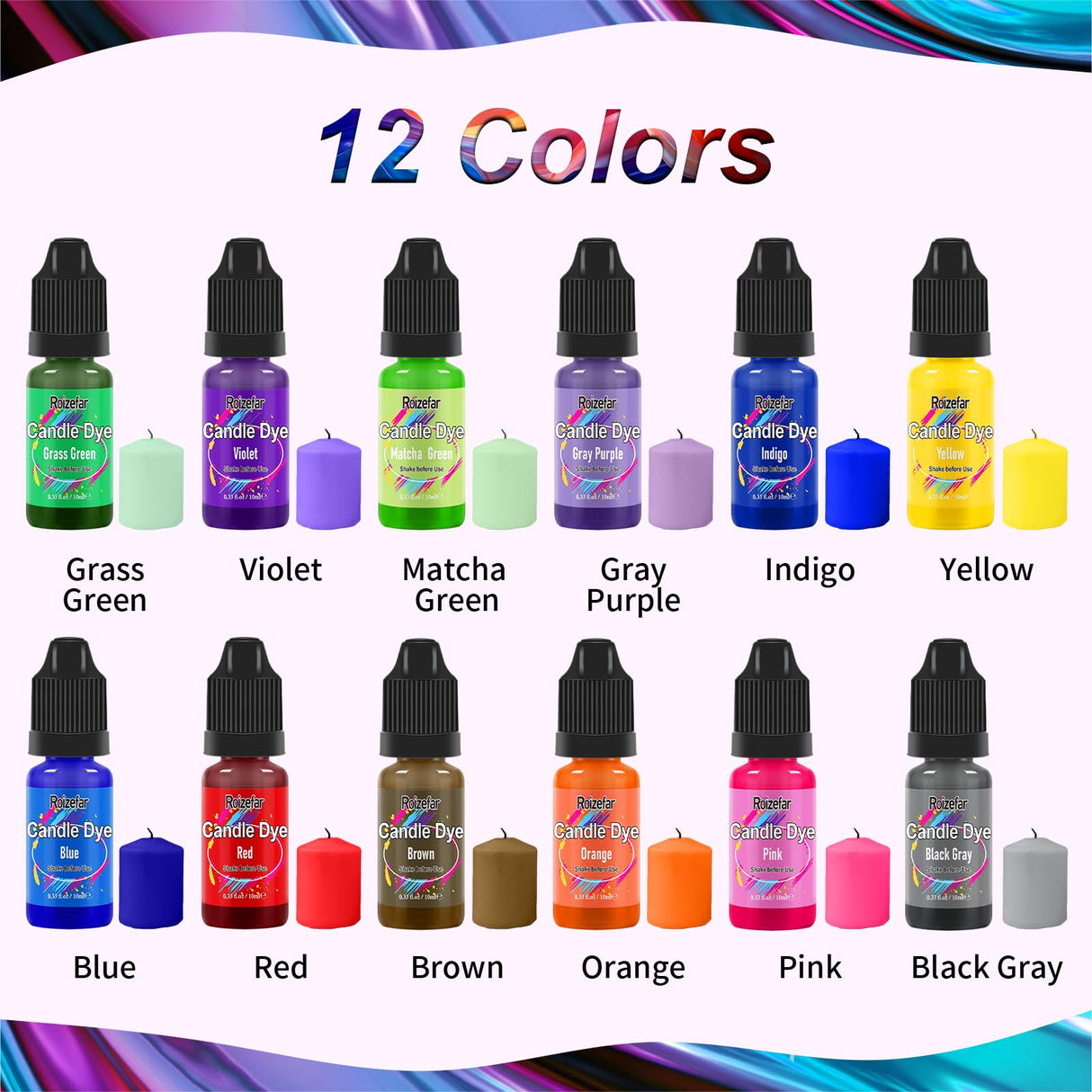 Candle Dye - 12 Colors Wax Melt Dye for Candles Making, Oil-Based Dye for Wax, Highly Concentrate Liquid Candle Color Dyes Roizefar