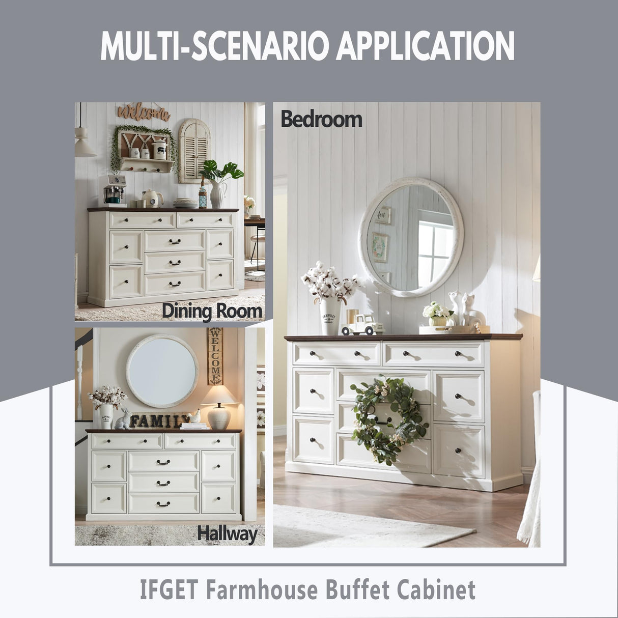 IFGET Farmhouse Buffet Cabinet, 60" Storage Cabinet w/9 Drawers, Large Wood Rustic Sideboard Cabinet w/Three Drawer Sizes, Coffee Bar Cabinet for Dinning Room, Hallway, Bedroom (White) IFGET