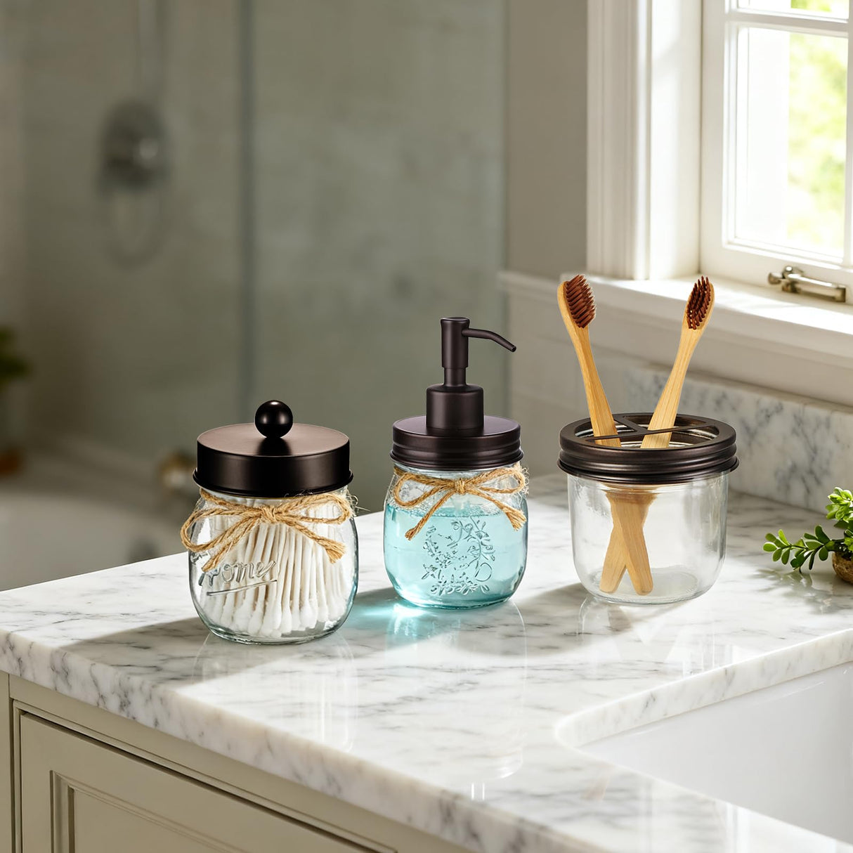 Amolliar Mason Jar Bathroom Accessories Set 4 Pcs -Lotion Soap Dispenser & 2 Qtip Holders & Toothbrush Holder - Rustic Farmhouse Decor, Bathroom Home Decor (Bronze) Amolliar