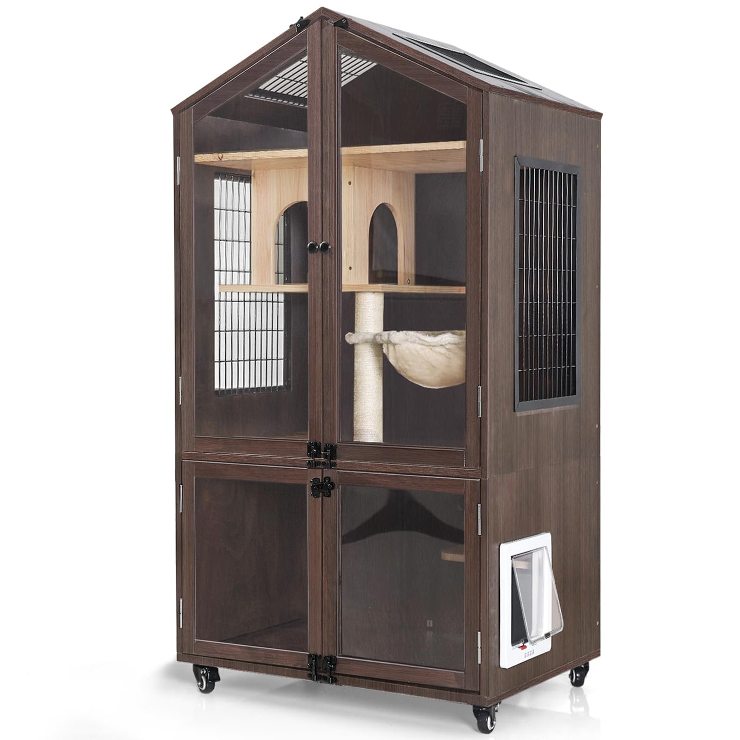 Gutinneen Cat House Cat Condo with Litter Box Furniture Cabinet Large Solid Wood Cat Enclosure for Outdoor & Indoor Cat Catio Cat Tree with Wheels - WoodArtSupply