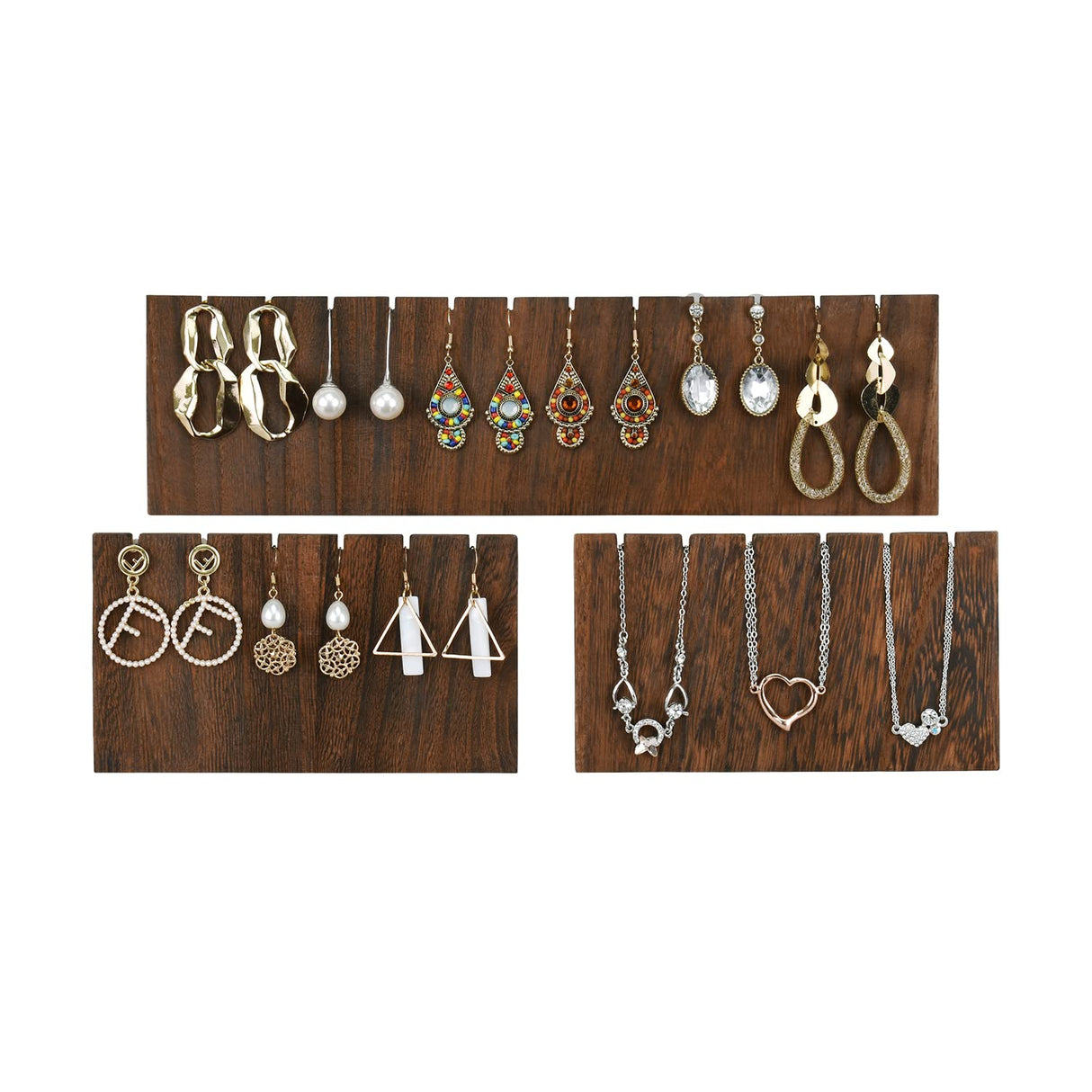 MOOCA Stunning 3-Piece Wooden Jewelry Display Stand Set - Versatile Earring and Pendant Organizer | Elegant Jewelry Stand, Rack, and Holder for Earrings | Holds up to 12 Pairs, Brown Color MOOCA