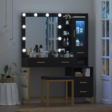 Makeup Vanity Table Set with LED Lights & Charing Station, Large Make up Vanity Desk with Mirror and Lights, Dressing Vanity Table with Nightstand & Soft Stool, Black Vanity with Drawers & RGB Cabinet CSZZD
