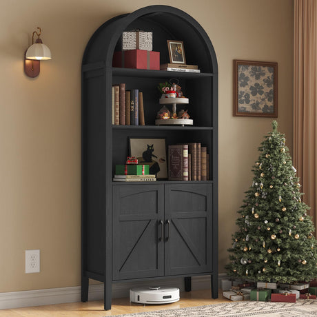 ONBRILL 71" Tall Arched Bookshelf, 5-Tier Arched Bookcase with Door & Storage Cabinet, Farmhouse Display Bookshelf Cabinet with Adjustable Shelf, Freestanding Wood Bookcase for Home Office, Study ONBRILL