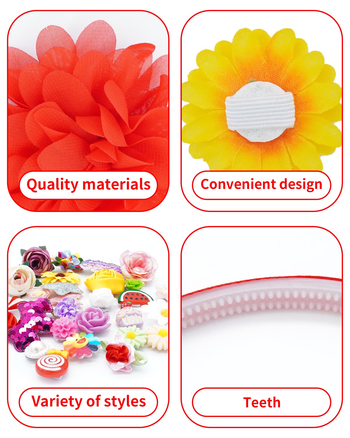 PET SHOW 50 Pack Big Flower Girl Headbands for Litter Girls with Teeth Interchangeable Charms Removable Bows Slip on Head Bands Hair Clips DIY Hair Bands Accessories Making Kit Birthday Gift PET SHOW